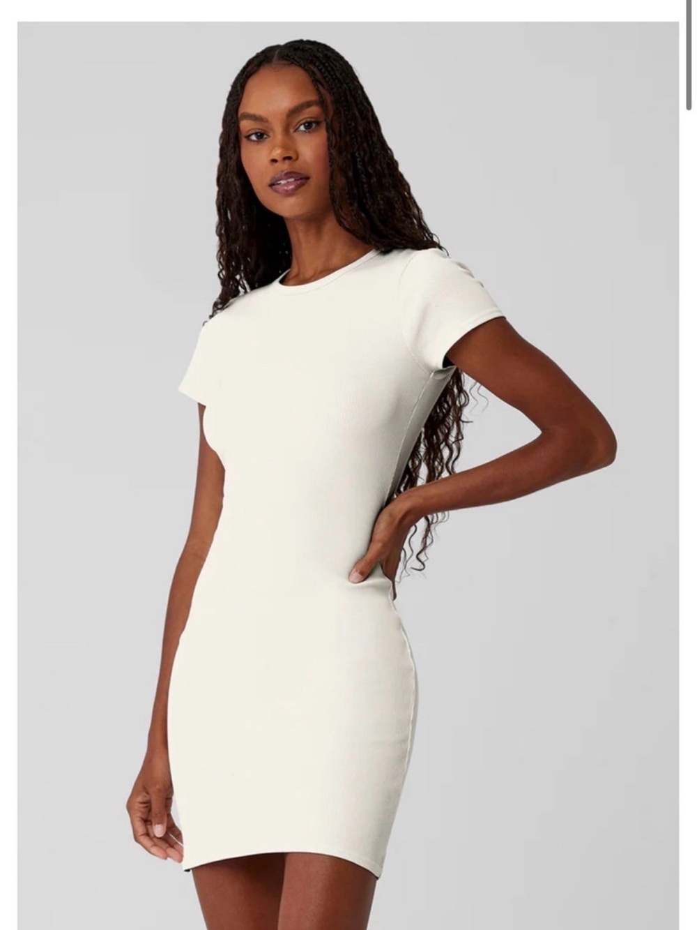 ALO Yoga Cream Ribbed Short Sleeve Bodycon Dress